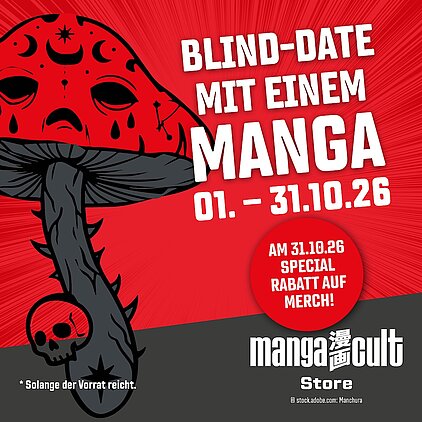 Halloween Blind-Date mit einem Manga bei MangaCult Store Oktober 2026, rote Pilz-Grafik mit Totenkopf und Rabattaktion auf Manga-Merchandise