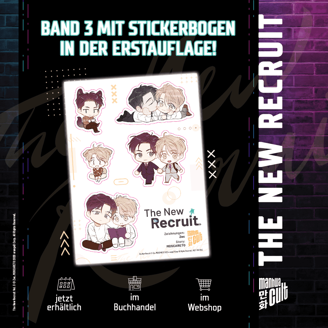 Werbegrafik für Band 3 des Manhwa „The New Recruit“ mit Hinweis auf einen exklusiven Stickerbogen in der Erstauflage. Der Stickerbogen zeigt niedliche Chibi-Illustrationen zweier Charaktere in verschiedenen Posen. Text auf dem Bild: „Band 3 mit Stickerbogen in der Erstauflage!“, „Jetzt erhältlich im Buchhandel und im Webshop“.