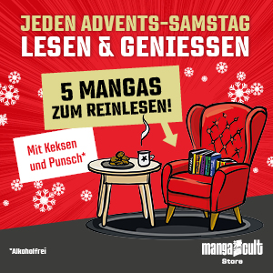 „Grafik mit rotem Hintergrund: Text ‚Jeden Advents-Samstag lesen & genießen‘, daneben ein gemütlicher roter Sessel mit fünf Manga-Büchern, ein Tisch mit Keksen und alkoholfreiem Punsch. Aktion vom Manga Cult Store.“