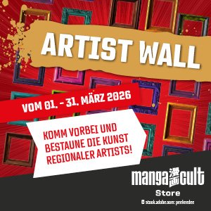 Werbegrafik des Manga Cult Stores zur „Artist Wall“ vom 01. bis 31. März 2026. Auf rotem Hintergrund mit bunten Bilderrahmen steht groß „ARTIST WALL“. Darunter der Hinweis: „Komm vorbei und bestaune die Kunst regionaler Artists!“. Die Gestaltung erinnert an eine kreative Galerie mit farbenfrohen Rahmen.