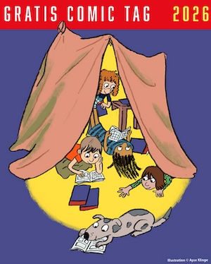 Illustration zum Gratis Comic Tag 2026: Vier Kinder sitzen gemeinsam in einem Zelt und lesen Comics, beleuchtet von warmem Licht. Vor dem Zelt liegt ein Hund und liest ebenfalls ein Comic-Heft. Oben steht der Schriftzug „Gratis Comic Tag 2026“. Die Szene vermittelt eine gemütliche, kreative Lesestimmung für Comic-Fans.