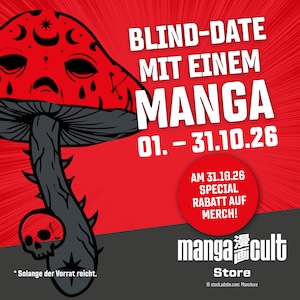Halloween Blind-Date mit einem Manga bei MangaCult Store Oktober 2026, rote Pilz-Grafik mit Totenkopf und Rabattaktion auf Manga-Merchandise