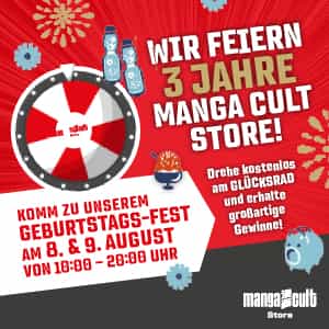Werbegrafik zum 3-jährigen Jubiläum des Manga Cult Stores mit rotem Glücksrad, Konfetti und Maskottchen. Text: „Wir feiern 3 Jahre Manga Cult Store! Geburtstags-Fest am 8. & 9. August 2025 von 10:00–20:00 Uhr. Drehe kostenlos am Glücksrad und erhalte großartige Gewinne.“