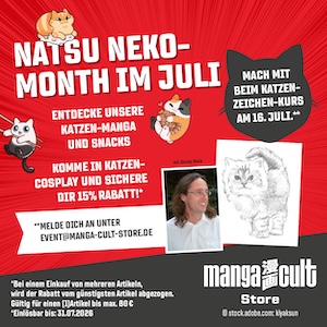 Werbegrafik ‚Natsu Neko‑Month im Juli‘ im Manga Cult Store: Roter Hintergrund mit Comic‑Katzen, Ankündigung von Katzen‑Manga, Snacks, Cosplay‑Aktion mit 15 % Rabatt sowie Katzen‑Zeichenkurs am 16. Juli und Anmeldung per E‑Mail.