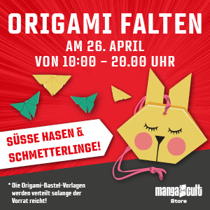 Roter Hintergrund, Hasen-Origami und Schmetterling-Origami-Abbildungen in gelb und grün, Text: Origami falten am 26. April vom von 10:00 - 21:00: Süße Hase und Schmetterlinge