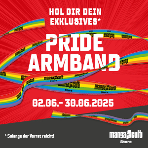 Promotiongrafik zur Pride-Aktion im Manga Cult Store: Mehrere bunte Armbänder mit Regenbogenfarben und „manga cult“-Logo auf rotem Hintergrund. Text: „Hol dir dein exklusives Pride-Armband – 02.06. bis 30.06.2025“. Hinweis: „Solange der Vorrat reicht“.