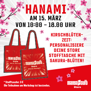 weißer Hintergund, Abbildung von 2 roten Stofftaschen mit dem Manga-Cult-Store-Logo. Links und rechts sind Kirschbaumäste mit Kirschblüten abgebildet.  Text: Hanami am 15. März von 10:00 - 18:00. Kirschblütenzeit: Personalisiere deine Stofftasche mit Sakura-Blüten 
