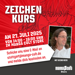 Werbegrafik für einen kostenlosen Zeichenkurs mit Gekko Keck im Manga Cult Store Stuttgart am 27. Juli 2025 von 14:00 bis 16:00 Uhr. Roter Hintergrund mit Manga-Skizze, Porträtfoto des Dozenten und Hinweis zur Anmeldung per E-Mail.